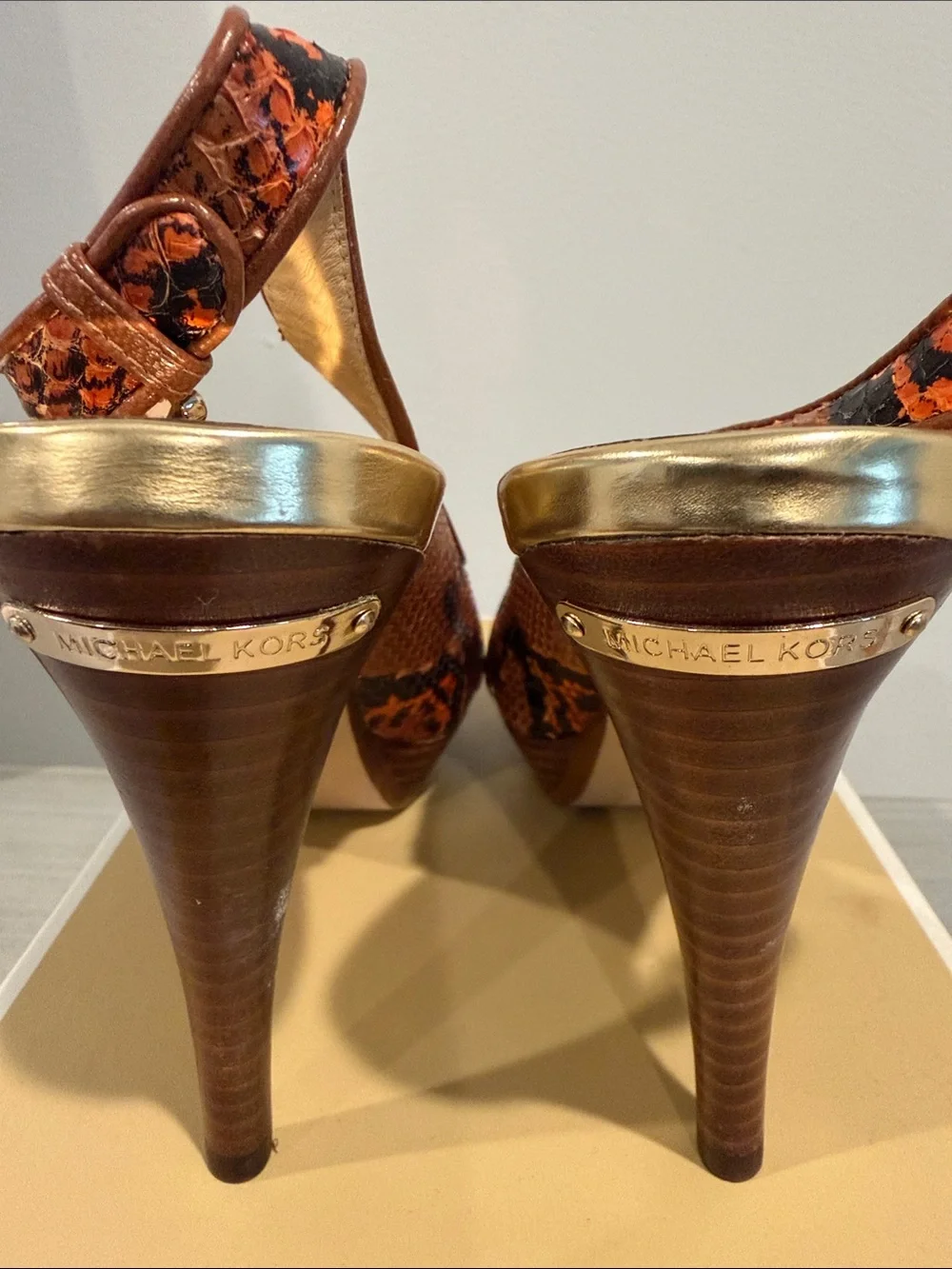 Michael Kors Orange and Black Snake-Print Platform Slingback Heels